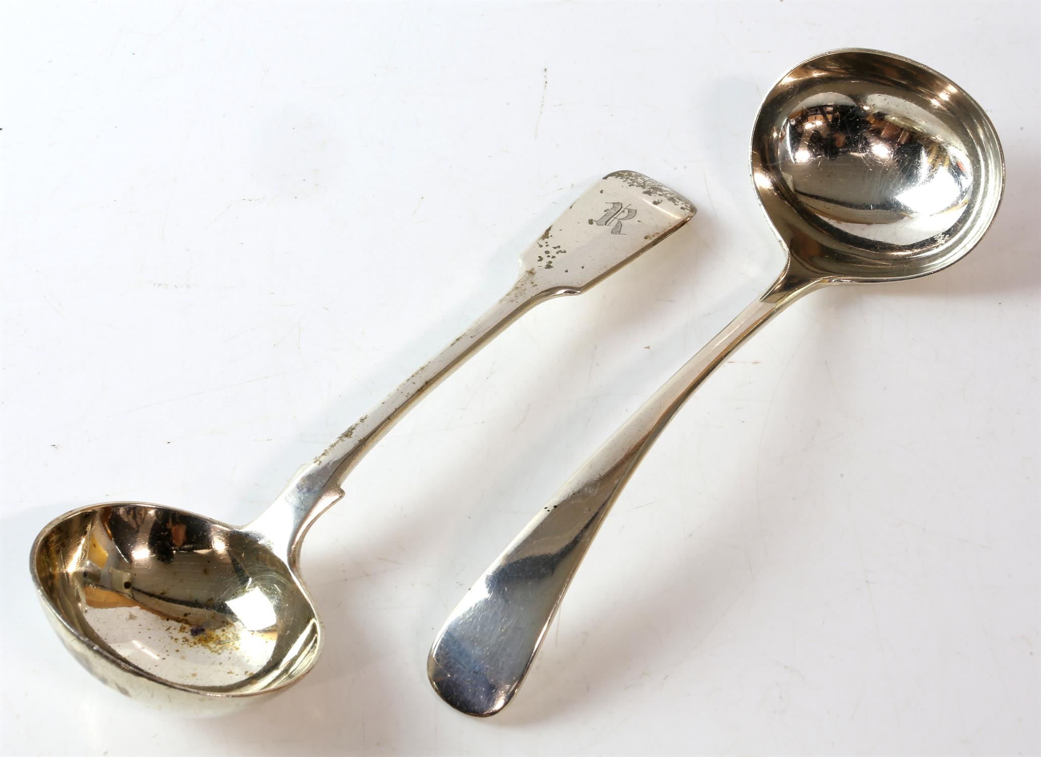 Victorian fiddle pattern silver and another Old English Pattern sauce ladle, 4.9 ozs 152 grams