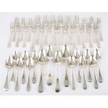 Composite George III and later Old English pattern silver flatware comprising four table spoons,
