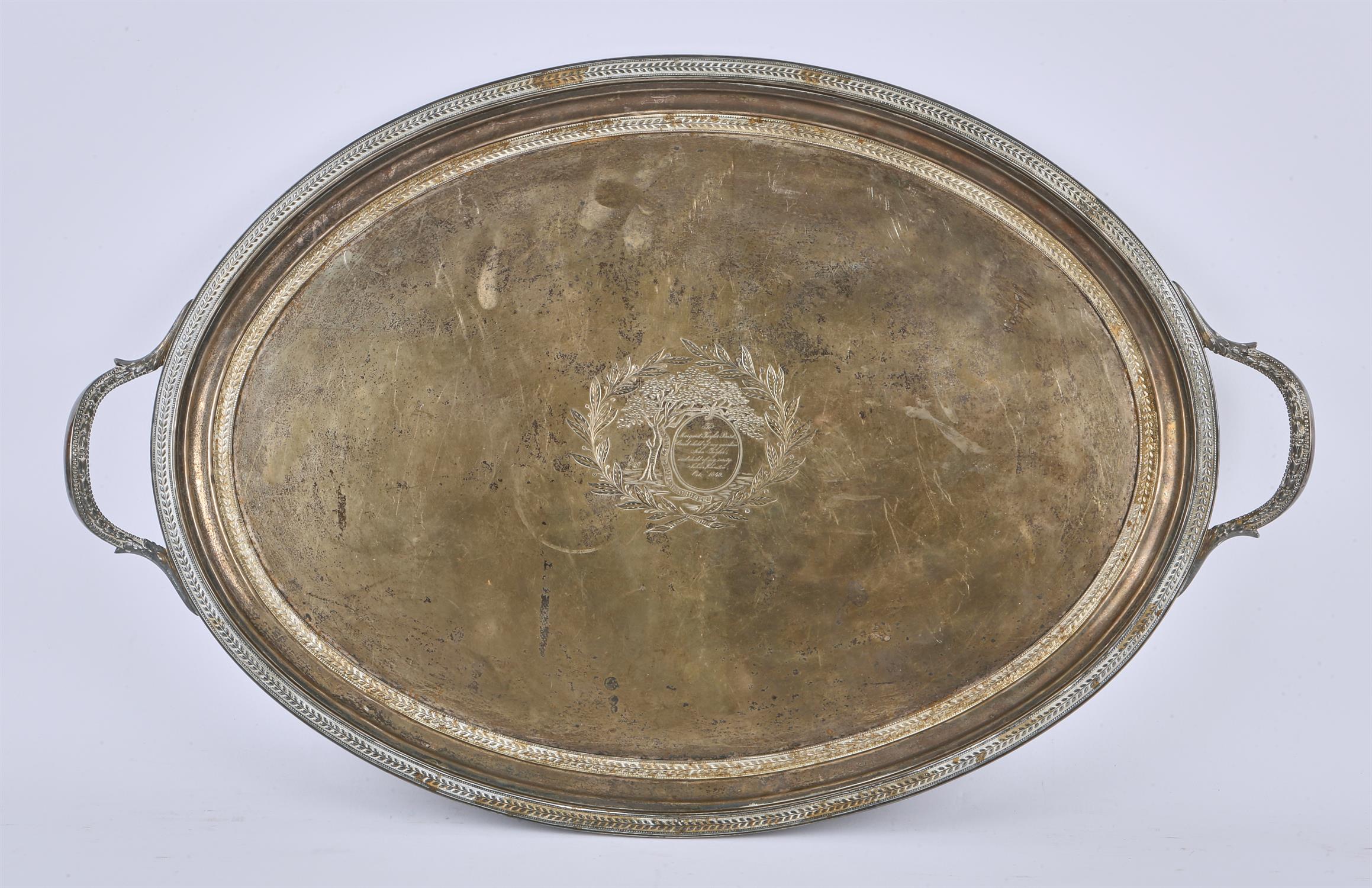 19th century American silver oval twin-handled tray with beaded and foliate borders,