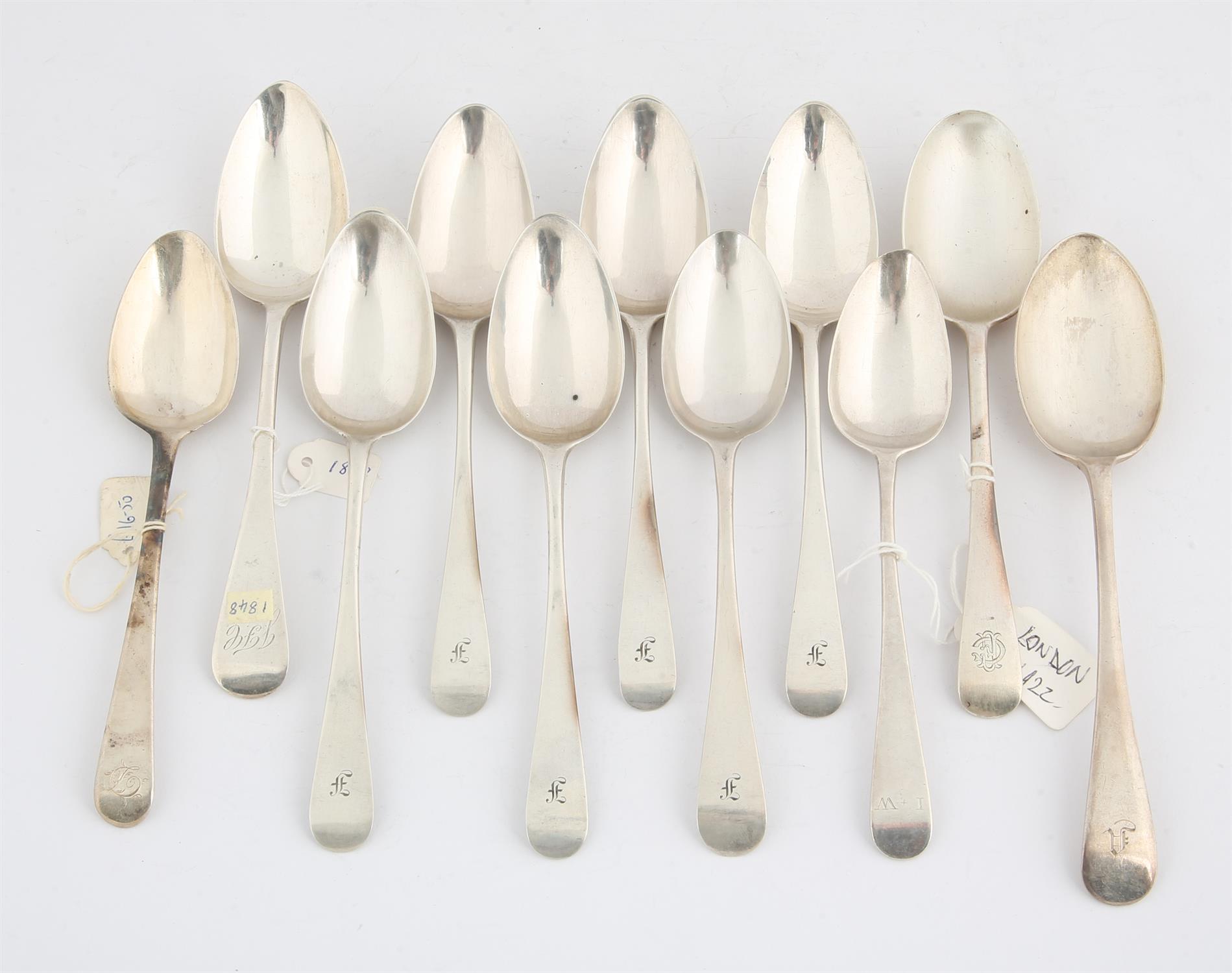Eleven various George III and later Old English pattern silver dessert spoons, 9.