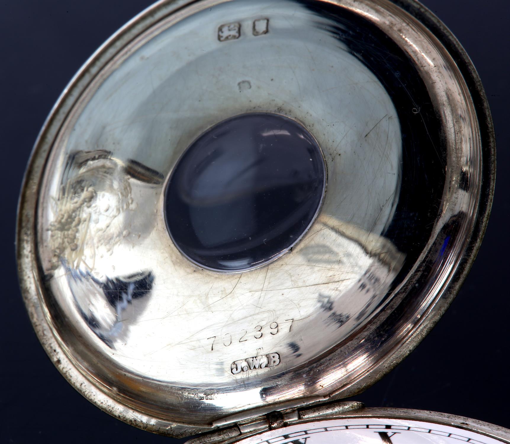 Silver half hunter pocket watch, the white enamel dial signed JW Benson with Roman numeral hour - Image 3 of 4