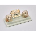 2oth century silver mounted perpetual desk calendar on a white polished stone base with pen-tray