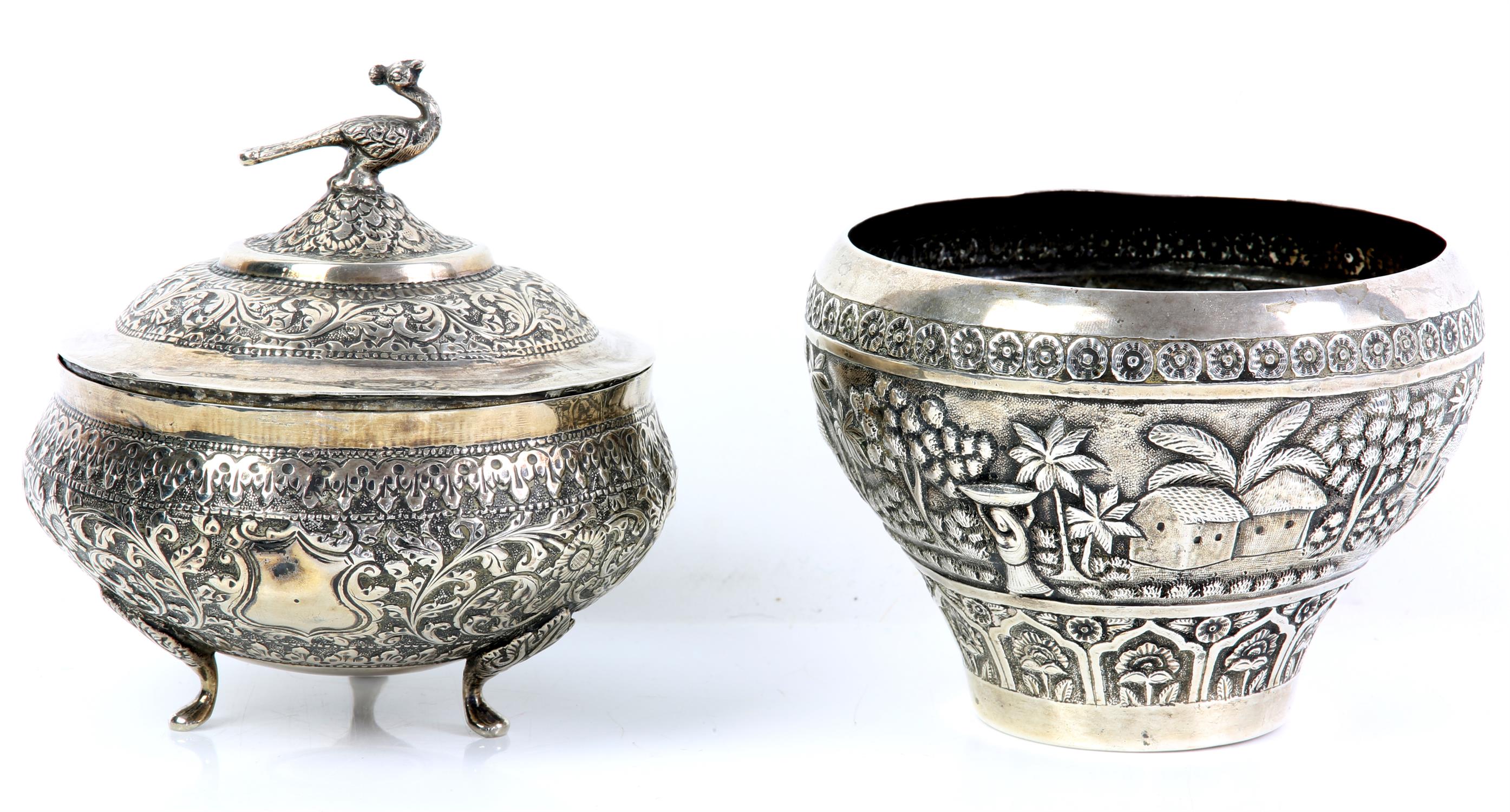 Indian silver bowl embossed with figures in an outdoor setting, marked 'SILVER' and a Persian white