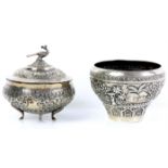 Indian silver bowl embossed with figures in an outdoor setting, marked 'SILVER' and a Persian white