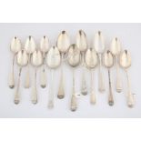 Fourteen various George III silver table and dessert spoons,, 17.5 ozs 546 grams SILVER