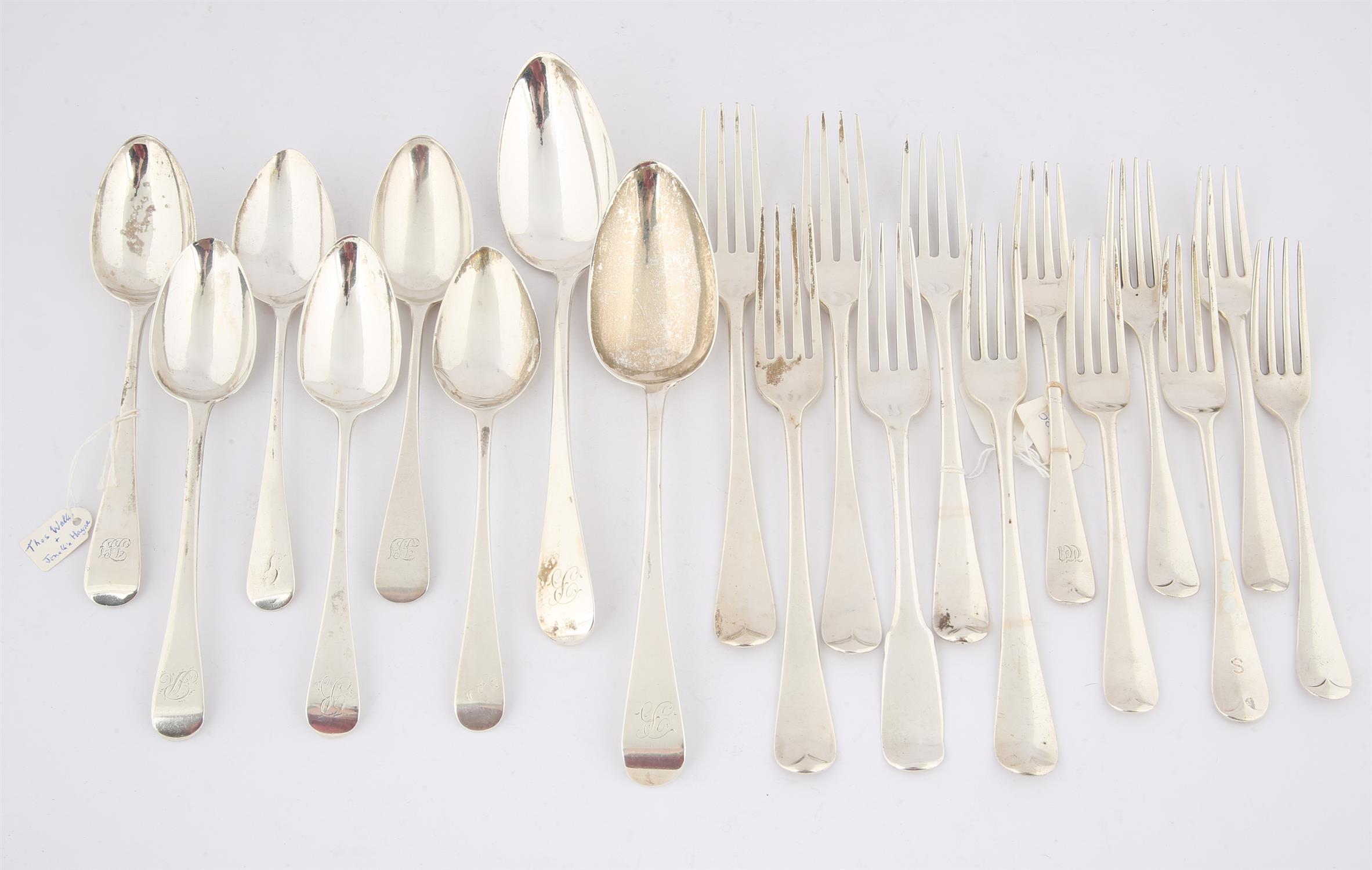 Composite silver Old English Pattern flatware, 18th century and later, comprising two table spoons,