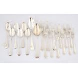 Composite silver Old English Pattern flatware, 18th century and later, comprising two table spoons,