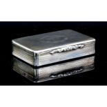 Victorian silver table snuff box with engine turned decoration and engraved scroll corners,