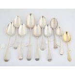 Ten various 18th Century Old English pattern silver spoons various sizes including a large table