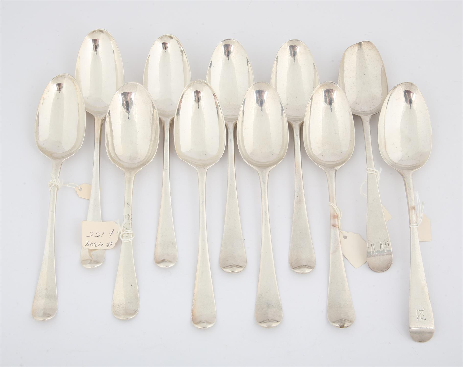 18th century silver table spoons comprising five Irish and six others, 23.9 ozs, 747 grams