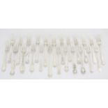 Twenty four various George III and later fancy silver decorated dessert forks, 27 ozs 841 grams