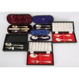 Six cased silver Christening sets, comprising, four x spoon and fork, spoon, and knife fork and