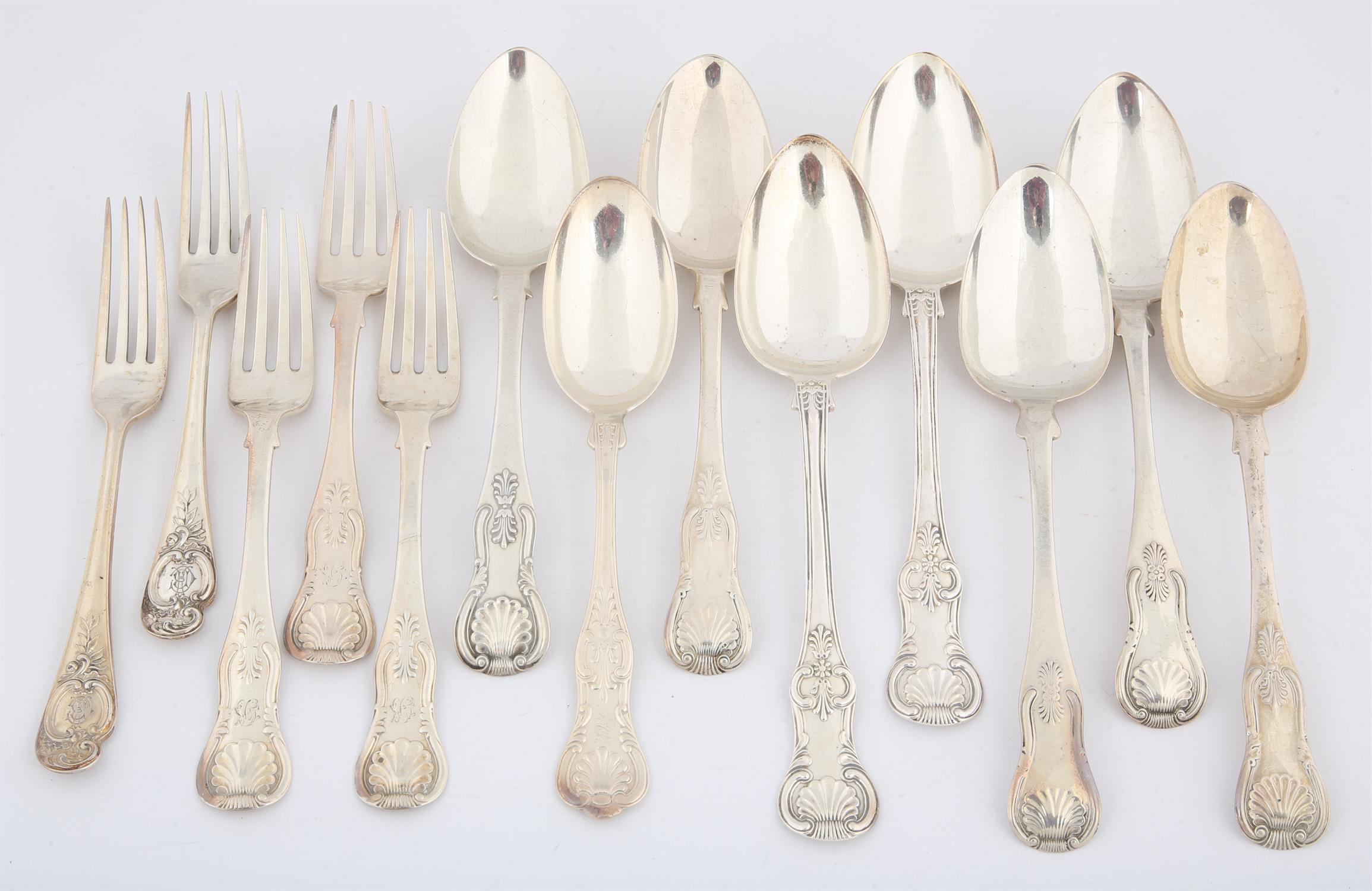 George III and later Kings pattern silver flatware comprising eight table spoons and five table