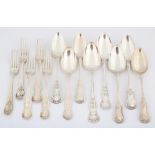 George III and later Kings pattern silver flatware comprising eight table spoons and five table