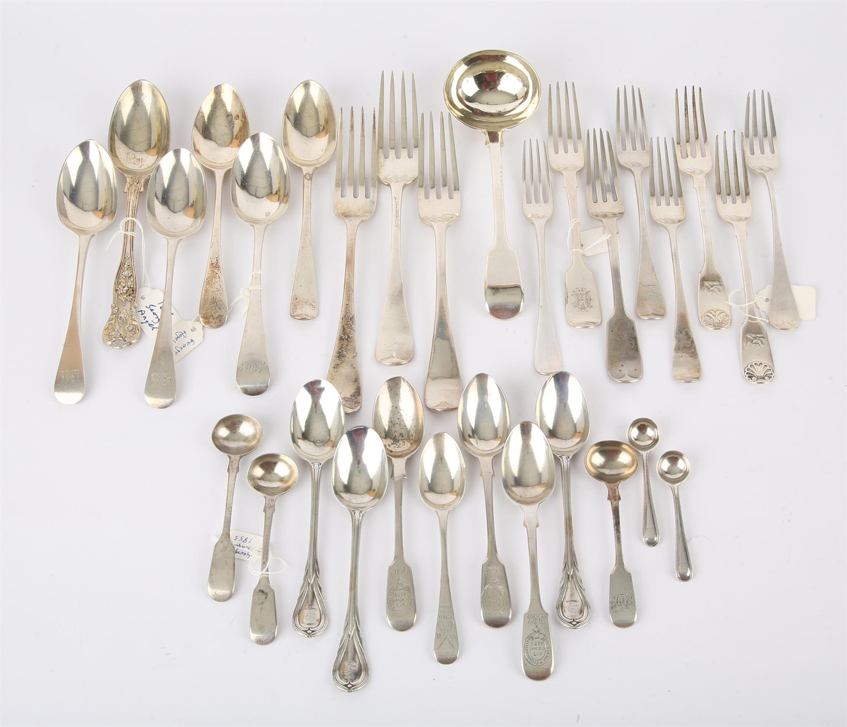 Various sundry George III silver flatware, comprising a sauce ladle, three table forks,