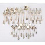 Various sundry George III silver flatware, comprising a sauce ladle, three table forks,