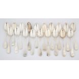 Eighteen various silver George III fiddle pattern table spoons, 42.1 ozs 1311 grams SILVER