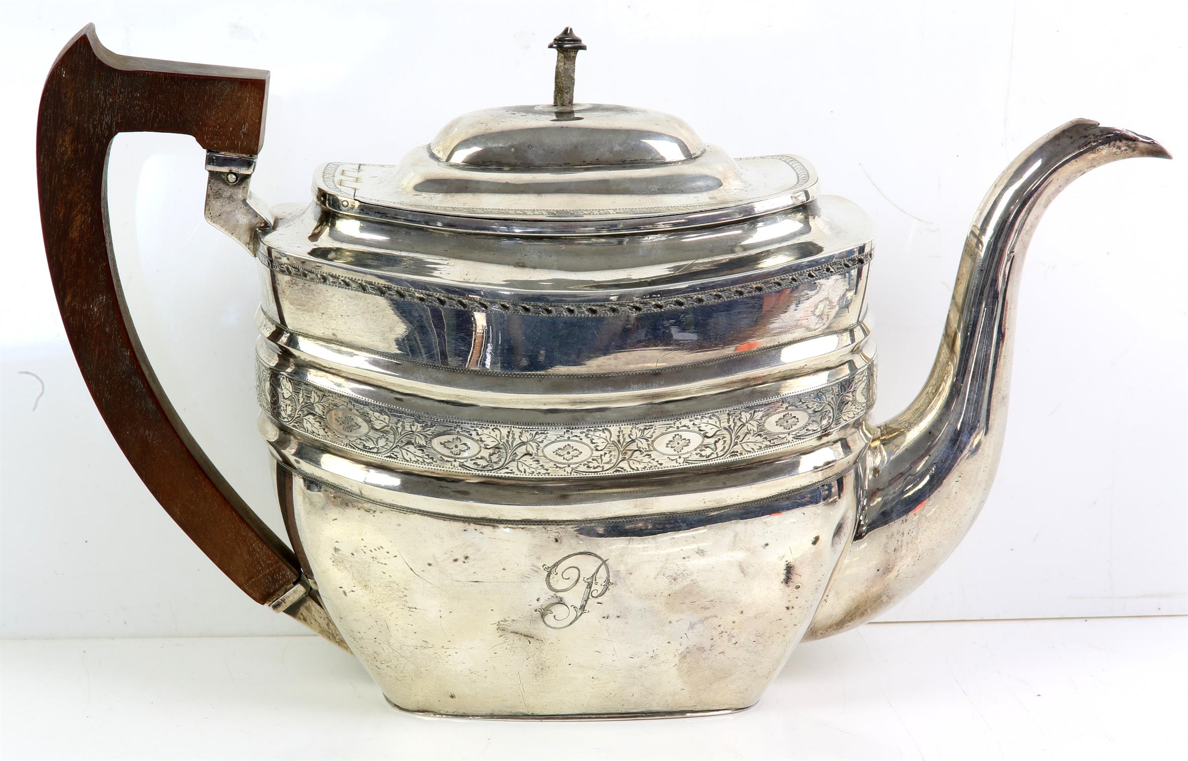 George III silver four piece tea service, comprising teapot on stand, cream jug and sugar bowl, - Image 3 of 7