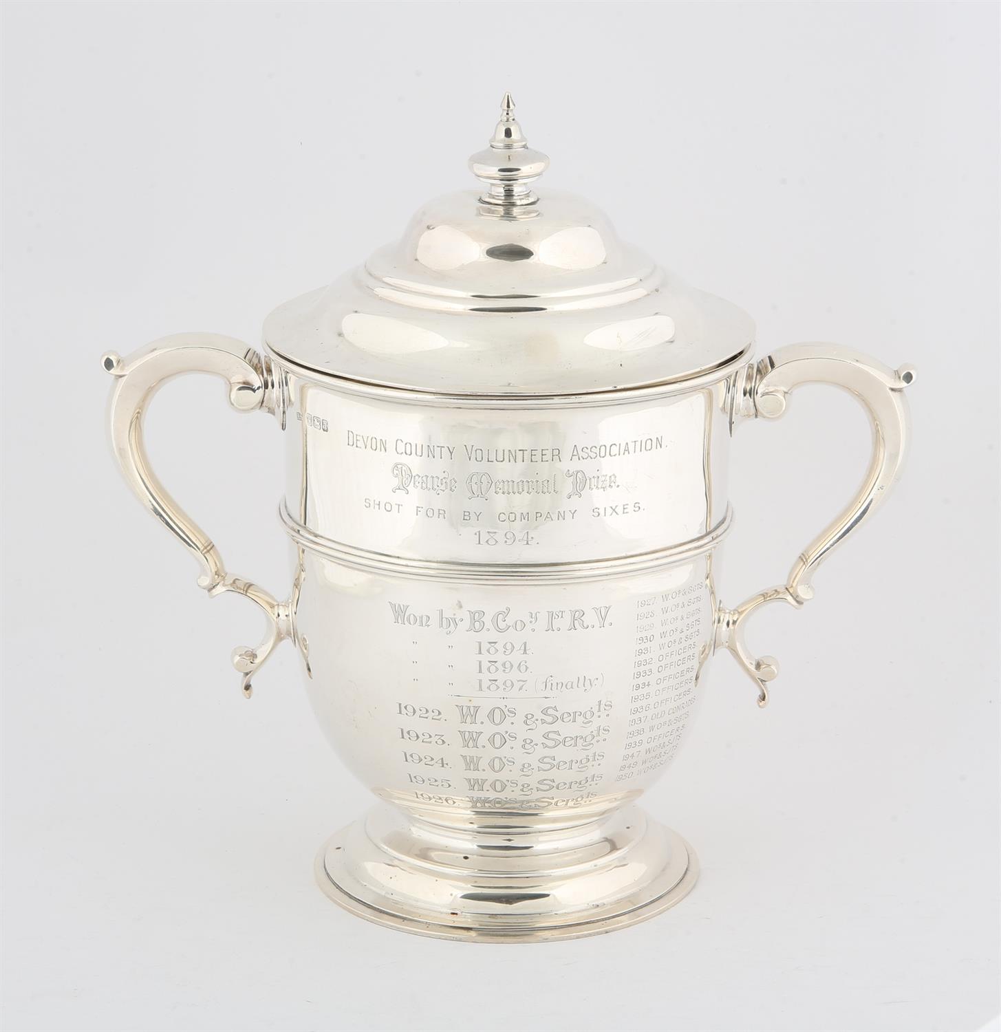 Victorian two handled silver cup and cover, Sheffield 1893, engraved "Devon County Volunteer - Image 2 of 2