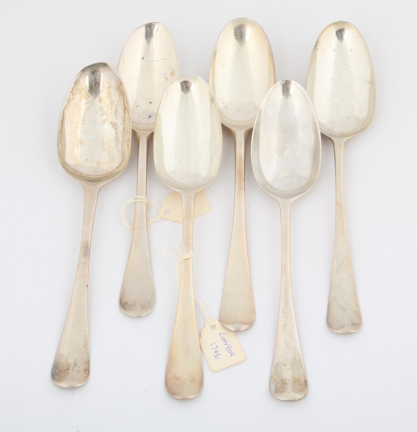 Six various, 18th century and later Old English Pattern silver table spoons 10.6 ozs 330 grams