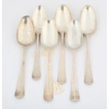 Six various, 18th century and later Old English Pattern silver table spoons 10.6 ozs 330 grams