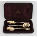 Pair of George I rat-tailed Hanovarian silver table spoons and a sifter spoon (cased), 1725-1728, 3.