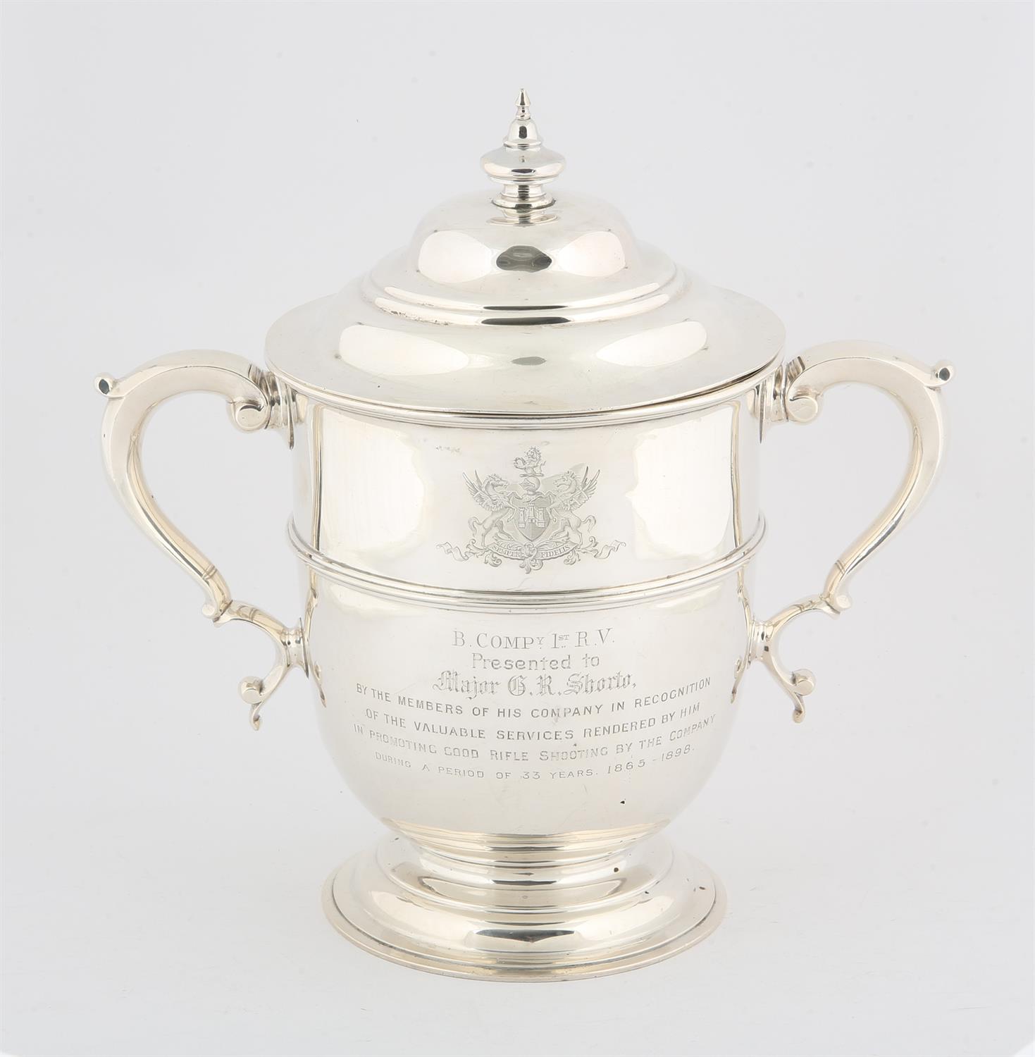 Victorian two handled silver cup and cover, Sheffield 1893, engraved "Devon County Volunteer