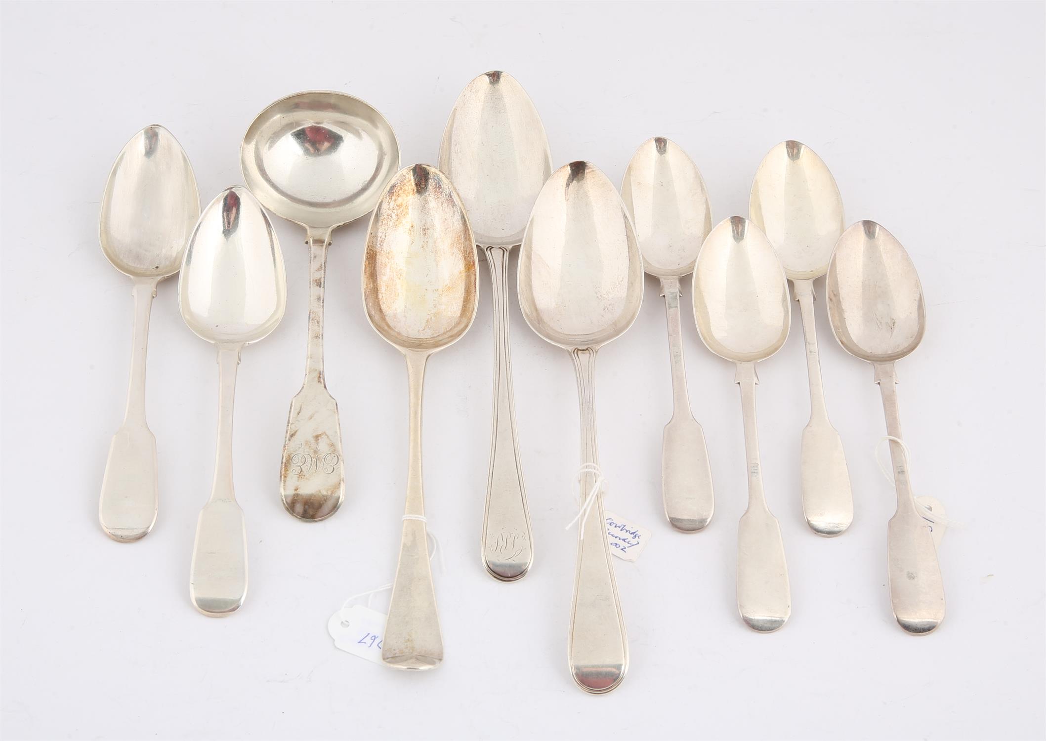 George III and later various silver flatware comprising, sauce ladle, three table spoons and six