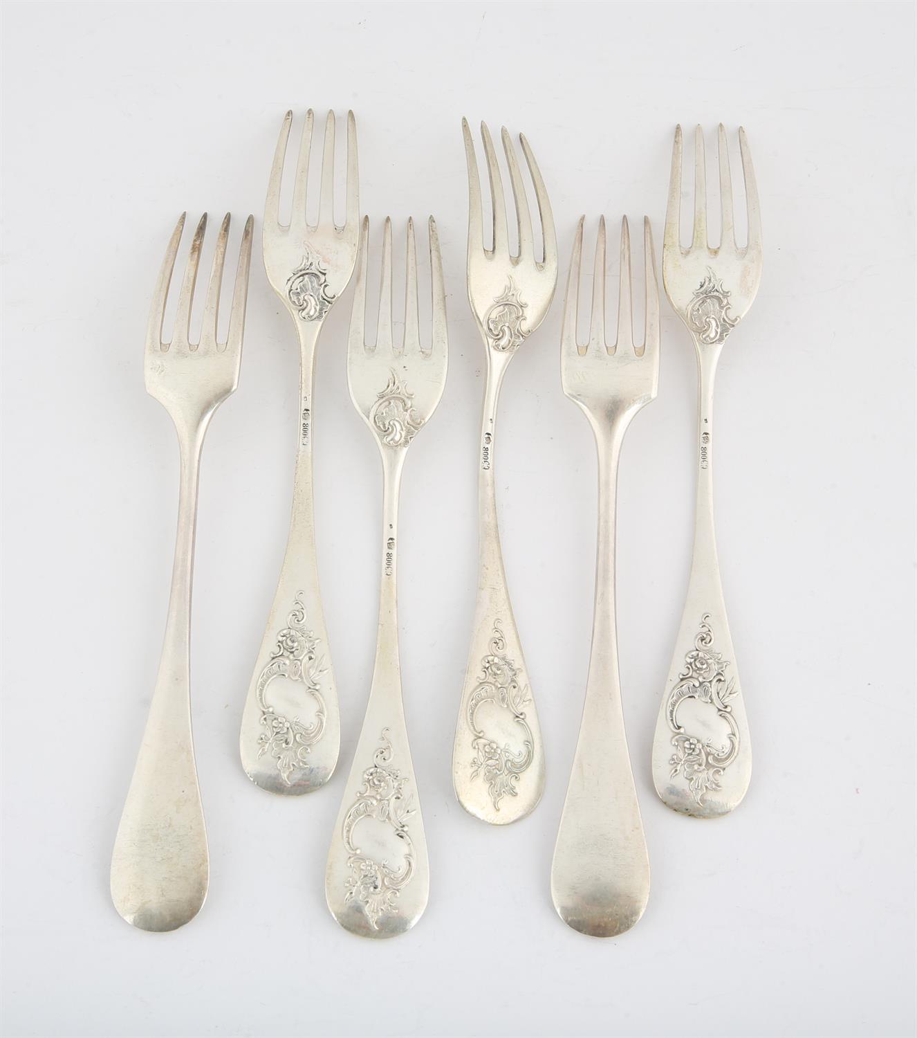 Four Continental silver picture back Old English pattern table forks (marked 800) and a another - Image 2 of 2