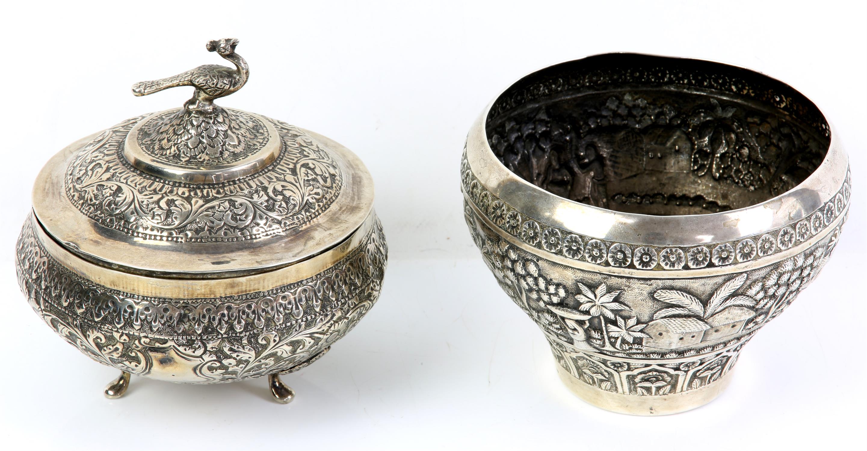 Indian silver bowl embossed with figures in an outdoor setting, marked 'SILVER' and a Persian white - Image 2 of 4