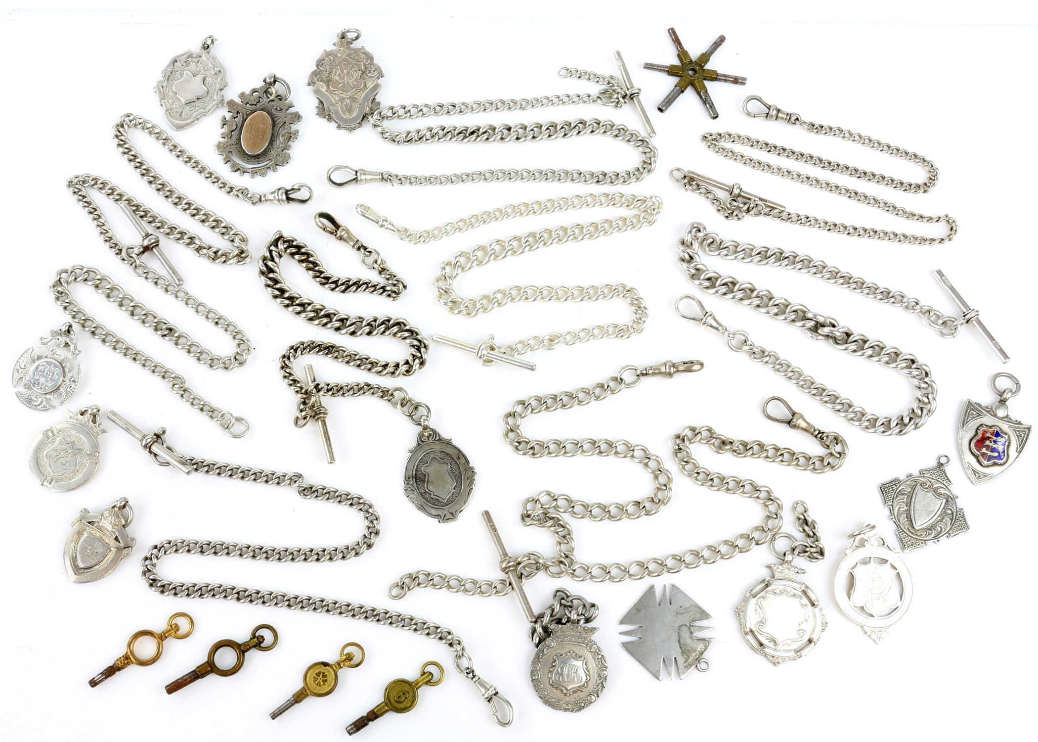 A Collection of 15 silver Albert chains of various lengths, together with 10 silver medals,