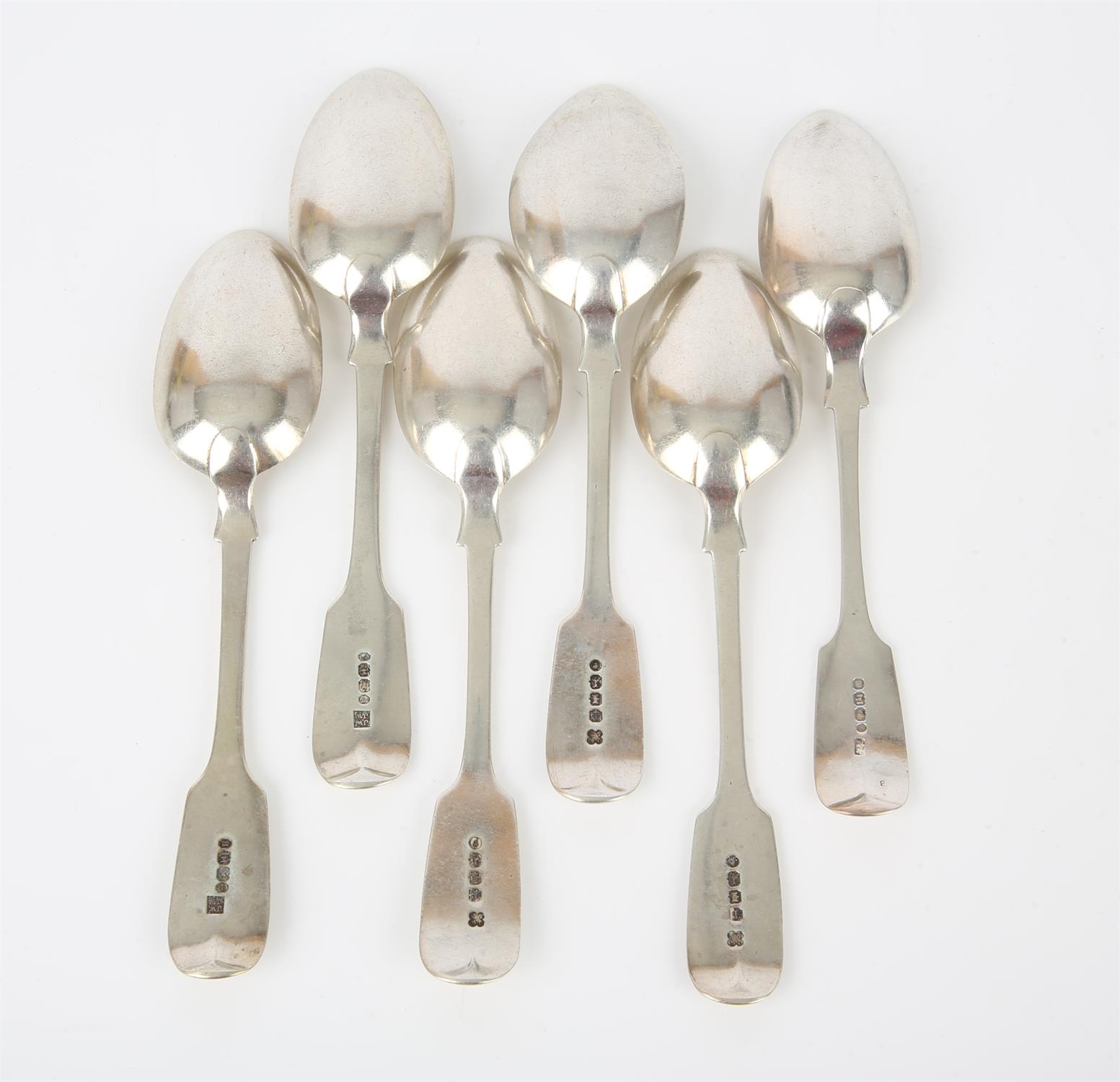 Six Victorian English provincial silver fiddle pattern dessert spoons, all with Exeter hallmarks, - Image 2 of 2