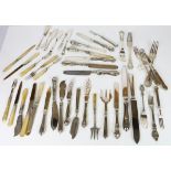 Collection of various silver forks and knives, some with steel blades, various dates and makers