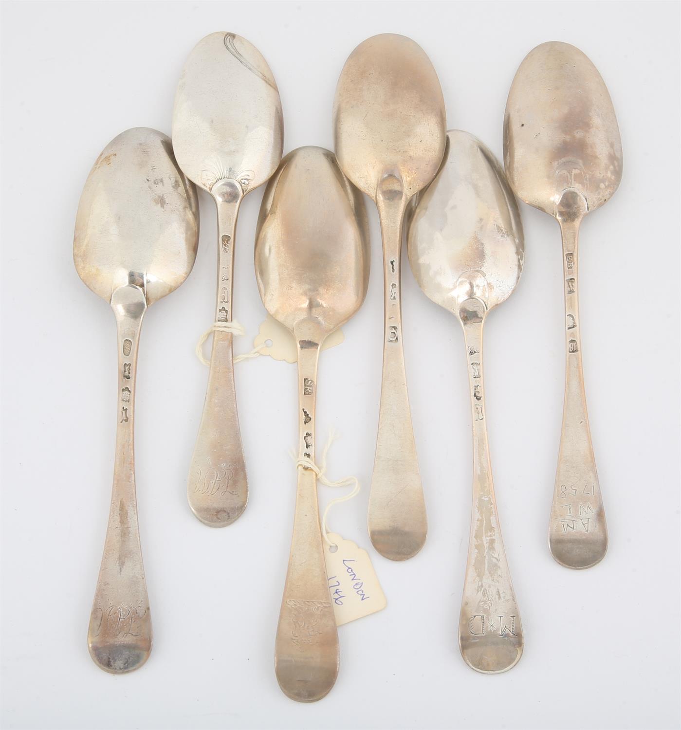 Six various, 18th century and later Old English Pattern silver table spoons 10.6 ozs 330 grams - Image 2 of 2