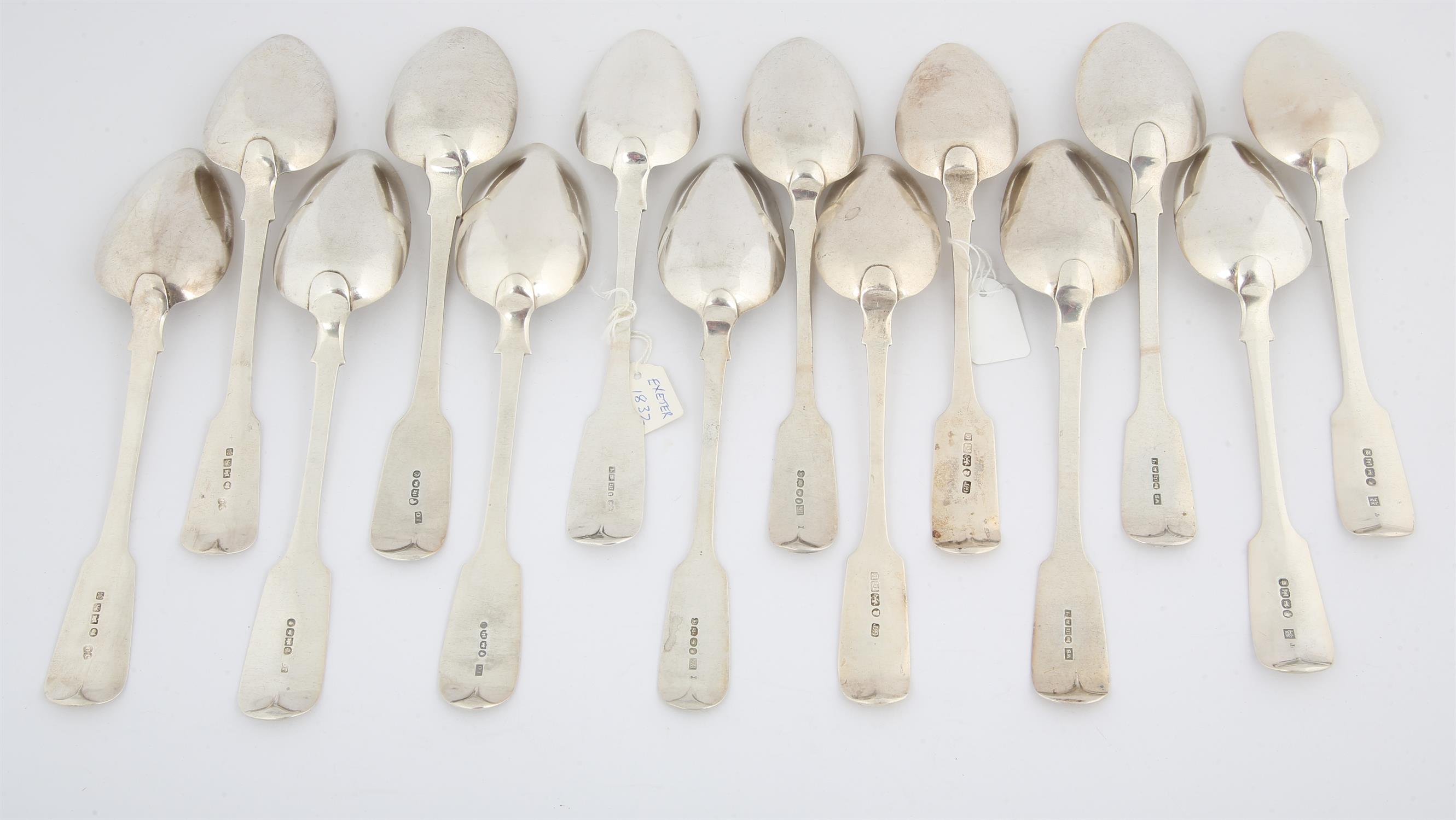 Fourteen various 18th and 19th century English provincial silver fiddle pattern table spoons, - Image 2 of 2