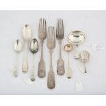 Various small silver items, comprising, three Victorian silver fiddle pattern dessert forks,