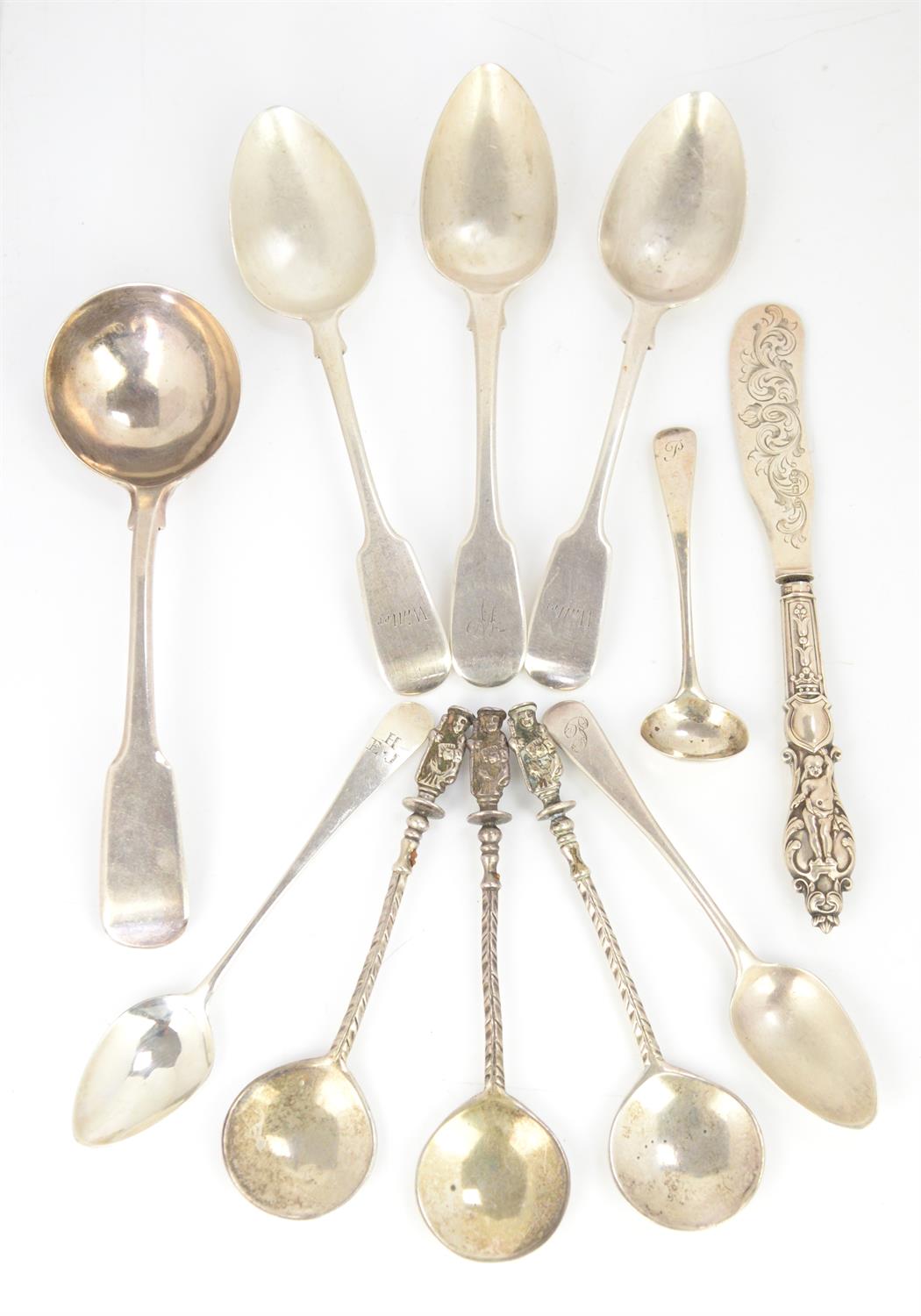 George III silver fiddle pattern sauce ladle, by Solomon Hougham, London, 1790, nine various spoons