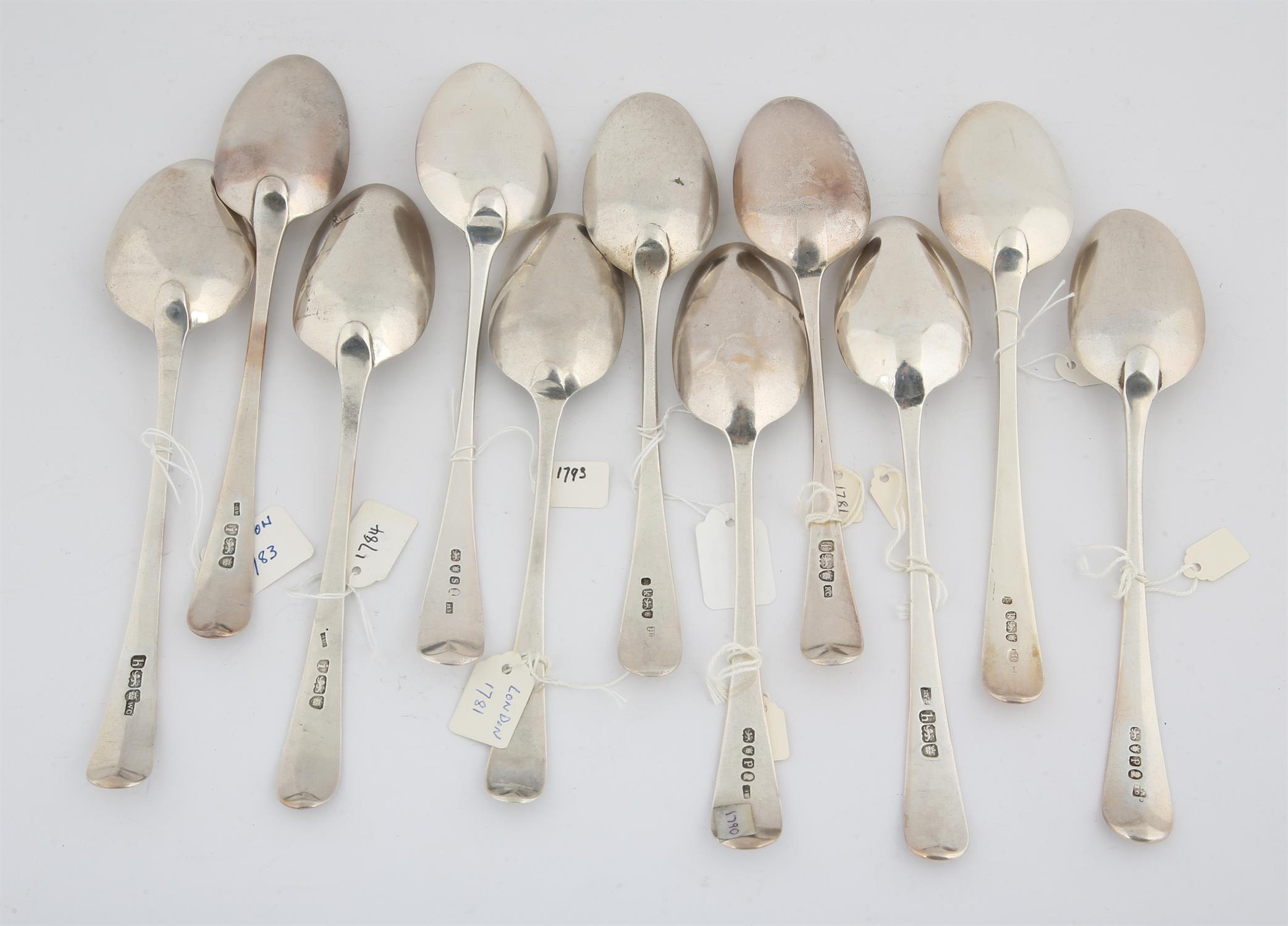 Eleven various 18th century English Old English pattern table spoons, 20.5 ozs 636 grams SILVER - Image 2 of 2