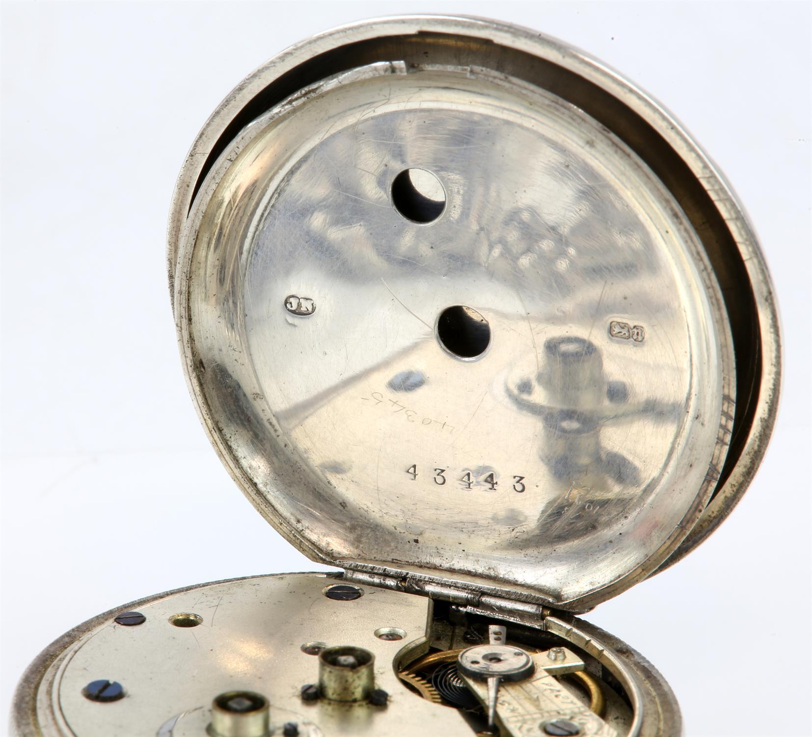 Two silver open face pocket watches, both with unsigned white enamel dial, Roman numeral hour - Image 4 of 5