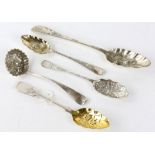 Four silver berry spoons and a berry sifter spoon SILVER COLLECTION OF SIR RAY TINDLE CBE DL