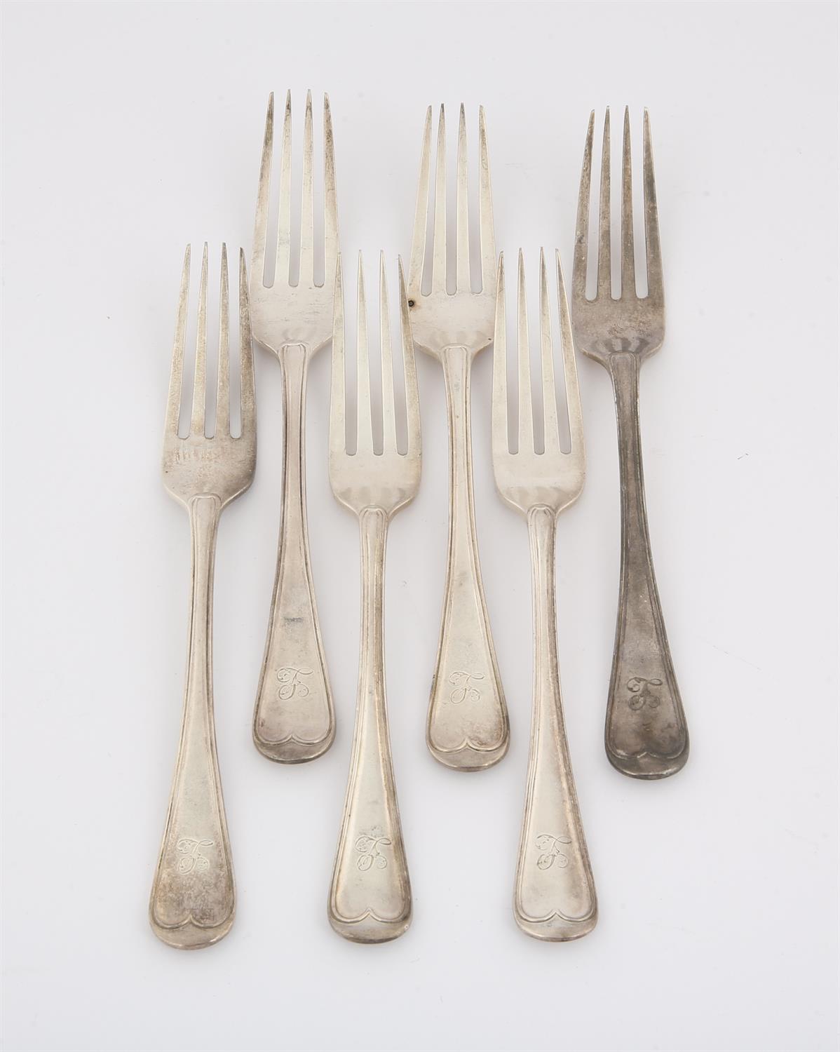 Six late 19th Century fiddle and thread silver dessert forks, 11.3 ozs 351 grams SILVER