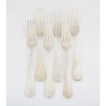 Four Continental silver picture back Old English pattern table forks (marked 800) and a another