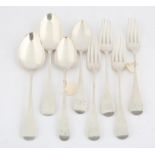 18th century old English pattern silver flatware, four table spoons and four table forks,