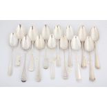 Fourteen various 18th century Old English pattern silver table spoons, 27 ozs 863 grams SILVER