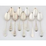 Nine George III Old English pattern silver tablespoons, with engraved handles, 18oz, 559g,