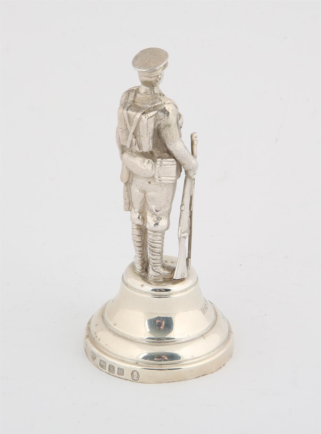 WWI Cast Silver Regimental figure of a soldier in Battle Dress inscribed "to an old soldier who - Image 2 of 2