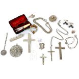 Four crucifixes and various small items including chains, etc, some silver SILVER COLLECTION OF