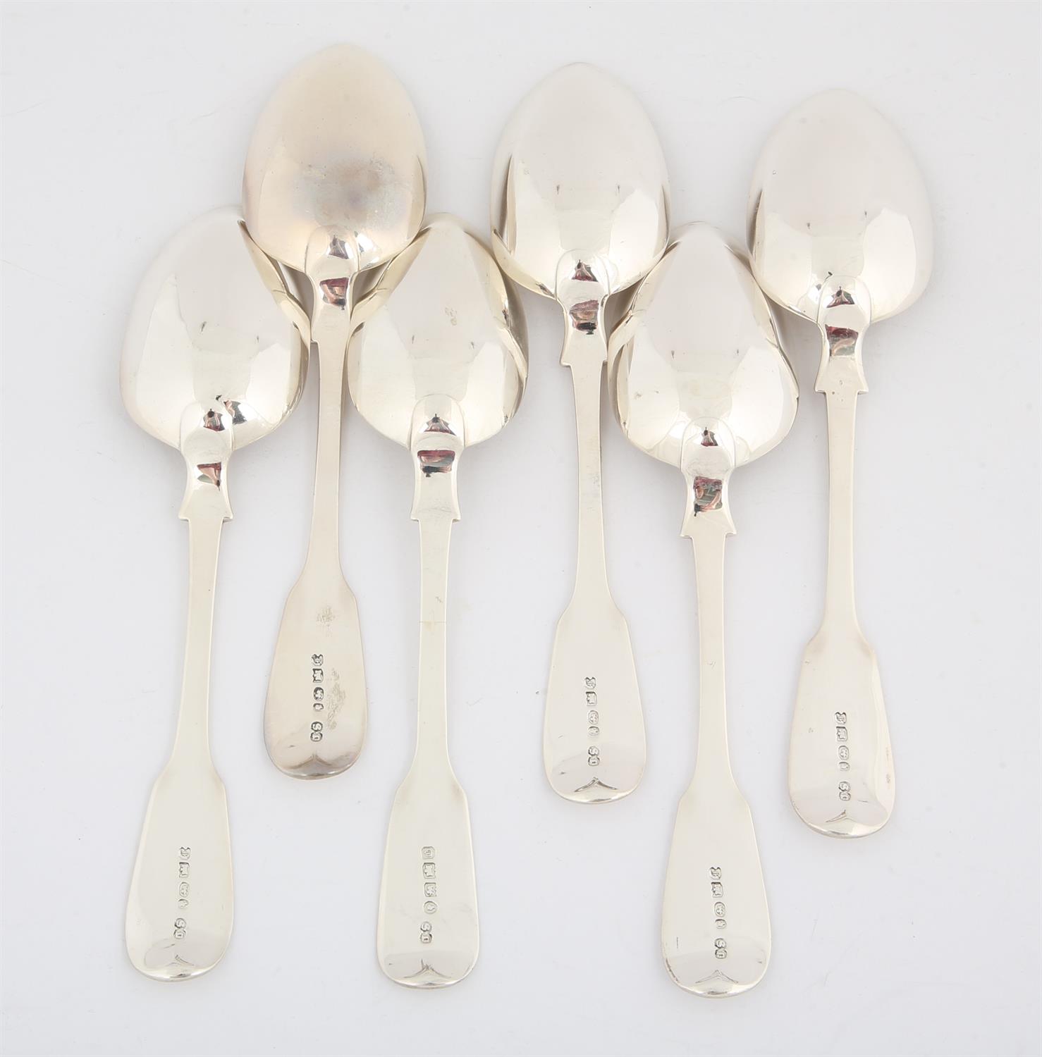 Six Victorian English provincial silver fiddle pattern dessert spoons, all with Exeter hallmarks, - Image 2 of 2