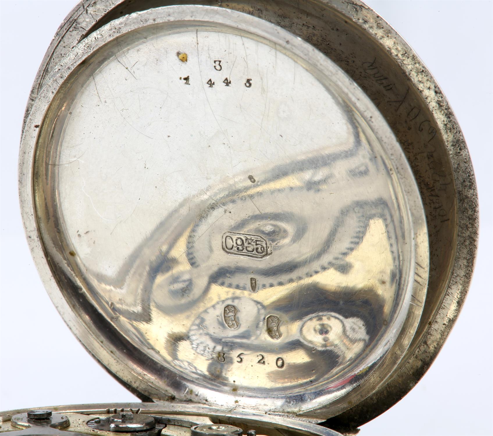 Three Swiss 935 silver pocket watches, including a ladies with an ornate dial and Albert chain, - Image 5 of 9