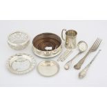 Various small silver items comprising, 18th century Irish round dish, modern coaster,